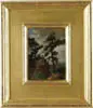 Teresea Ferber Bernstein, Pine Tree on Mountain Overlook, Oil on board scene shows two dwarf pines an large rock on mountain overlook with hills in the background