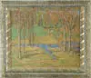 Samuel Harkness McCrea, Early Fall Landscape, Oil on canvas scene shows brook running through fields and woods divided by a stone wall