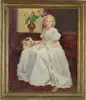 Wilbur Fiske Noyes, Portrait of Young Girl in White Dress, Oil on canvas portrait shows young girl with fancy white dress seated beside piano holding basket of flowers