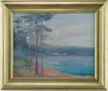Julia C. McArthur, Lake Superior, Oil on canvas scene shows large lake with tall trees and sandy beach. Green low hills are seen in the distance