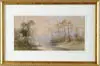 Charles Day Hunt, Stream Scene in Sunset, Watercolor scene shows a small stream with trees lining banks. Pastel colored sunset in background