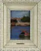 Henry Salem Hubbell, Harbor Scene, Small oil on board scene shows several boats with buildings and white tower in distance