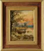 Charles Frederick Kimball, Tranquil Sunset Landscape, Oil on canvas scene shows large birch tree standing beside a pond with bright colored sunset