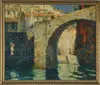 Malcolm Humphreys, Basque Fishing Port Ondarroa, Spain, Oil on canvas scene shows large bridge with figures, water and buildings beyond