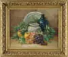 Unsigned, Still Life with Fruit and Vases, Oil on canvas scene shows a tabletop setting with white vase, blue bottle, grapes and apples with green leaves