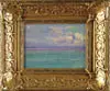Arthur Wesley Dow, From Gay Head to Sea, Oil on board scene shows colorful seascape with ocean going from turquoise to purple to blue under a cloud and blue sky