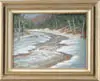 Peter C. Steve, Spring Thaw, Oil on masonite winter scene shows cascading brook winding through snow covered banks lined by trees
