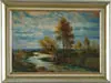 Unsigned, Landscape with Stream, Oil on canvas scene shows meandering stream with trees and grasses. Low blue hills in distance. Cloud covered blue sky