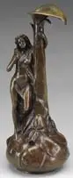 Joseph Le Guluche, Nude with Flower, Bronze figure of semi-nude woman with arm around a large lily-type plant on a bulbous vase. Nice brown patina