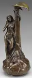 Joseph Le Guluche, Nude with Flower, Bronze figure of semi-nude woman with arm around a large lily-type plant on a bulbous vase. Nice brown patina
