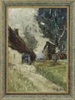 Théophile de Bock, The Returning Flock, Oil on canvas Dutch scene shows a flock of sheep at edge of barn with shepherd with trees and building