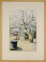 Fujio Yoshida, The Flowering Tree, Watercolor scene shows a large pink & white flowering tree in a garden courtyard