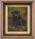 Maud Earl, Black Pug, Oil on wood panel shows a small black pug dog seated in some grass