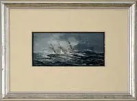 William Bradford, On the High Seas, Gouache/watercolor scene shows two steam & sail military ships in stormy ocean setting