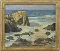 William Wendt, Rocky Coastline, Oil on canvas coastal scene shows jutting coastline rocks with light green to blue ocean