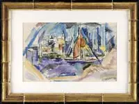 John Marin, Sailboat in City Harbor, Colorful watercolor scene shows a sailboat with sails up with a city or town backdrop with buildings and steeples