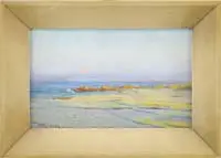 William Greason, Evening Hour, Matinicus, Me, Oil on canvasboard scene shows a beach area with rocky edge under a rising full moon with sails on horizon