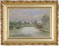 Charles Frederick Kimball, Springtime at Stroadwater, Portland, Maine, Oil on canvas scene shows an old mill next to water with town buildings beyond. All under a cloud and blue sky