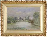 Charles Frederick Kimball, Springtime at Stroadwater, Portland, Maine, Oil on canvas scene shows an old mill next to water with town buildings beyond. All under a cloud and blue sky