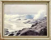 James Perry Wilson, Two Works: Yosemite Falls & Coastal Surf, 1) Oil on canvasboard shows a tall falls through cliff gorge under bright blue sky
