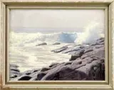 James Perry Wilson, Two Works: Yosemite Falls & Coastal Surf, 1) Oil on canvasboard shows a tall falls through cliff gorge under bright blue sky