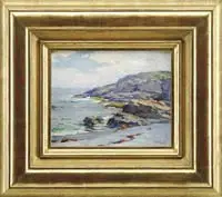 The Ogunquit Shore by Mable May Woodward, Oil on board shoreline scene shows a small beach area leading to grass covered rocky shoreline, sold Feb 2011