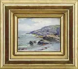 Mable May Woodward, The Ogunquit Shore, Oil on board shoreline scene shows a small beach area leading to grass covered rocky shoreline