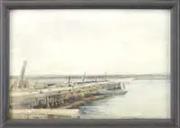 Prosper Louis Senat, Maine Wharf, Watercolor harbor scene shows a wood wharf with dory and piled lobster traps