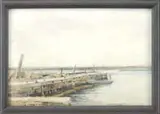 Prosper Louis Senat, Maine Wharf, Watercolor harbor scene shows a wood wharf with dory and piled lobster traps