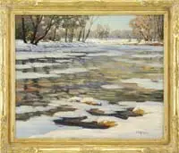Walter Koeniger, River Reflections, Oil on canvas river scene shows a snow covered banked river with open water reflecting the surrounding trees