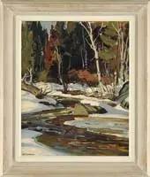 Aldro Thompson Hibbard, Winter Sunlight, Oil on masonite winter scene shows a colorful stream winding through snow covered rocky banks with thick woods beyond