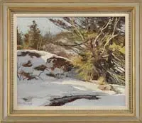 Ken Gore, Along a Frozen Stream, Oil on canvas mounted on masonite winter scene shows a snow and ice banked stream leading along rocks and trees
