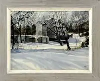 John Rogers, Afternoon, Watercolor winter scene shows a large barn with connected outbuildings in a winter landscape