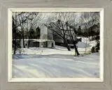 John Rogers, Afternoon, Watercolor winter scene shows a large barn with connected outbuildings in a winter landscape