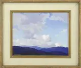 Marian Parkhurst Sloane, Mountain Tops, Oil on board scene shows a scene overlooking blue mountaintops under an expanse of blue sky having gray & white clouds