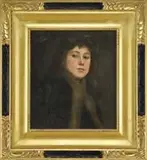 William Merritt Chase, Portrait of Alice, Oil on canvas half portrait of a young woman with dark hair, dark coat & grayish/green scarf