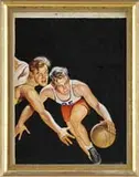 Raphael de Soto, Basketball Illustration, Oil on canvasboard basketball scene shows a man dribbling past a defender against a black background