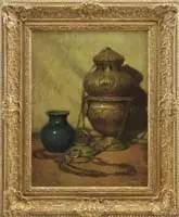 Frederick John Mulhaupt, Orientalist Still Life, Oil on board still life scene shows a brass hanging incense burner alongside an Oriental blue/green vase