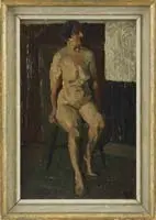 Walter Sickert, Studio Nude, Oil on masonite shows a nude woman seated on a stool with a studio wall backdrop