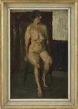 Walter Sickert, Studio Nude, Oil on masonite shows a nude woman seated on a stool with a studio wall backdrop