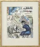 At the Bar by George Grosz, Mixed media watercolor and graphite scene shows the interior of a lounge with bar, waiter, bartender and customers, sold Feb 2011