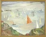 Elias Newman, Regatta, 1955-6, Oil on board scene shows a large group of sailboats in rows stretching to the horizon off a grass & rocky shoreline