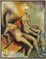 Joan Brown, The Girls at Mama Tia’S, Oil on board scene of two nude women seated on an orange bench
