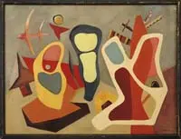 Leonard Balish, Modern Abstract, Large oil on canvas abstract scene with various colored shapes and symbols