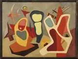 Leonard Balish, Modern Abstract, Large oil on canvas abstract scene with various colored shapes and symbols