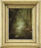 Albert Bierstadt, Sunlit Woodland Creek, Oil on canvas laid to masonite woodland scene with small creek having sunlit background