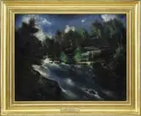 Henry Mattson, A Big Rock Pool, Oil on canvas scene shows a river ending in long pool with green and dark trees under a dark blue and white cloud sky