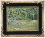 Elizabeth F. Washington, Wooded Creek, Oil on board scene shows a creek curving through deep woods