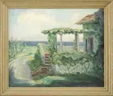Nina Woloshukova Scull, Nina’s Villa, Oil on canvas scene shows a back and side view of a pillared veranda with vine trellis. The house overlooks the ocean