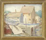 Edmund Greacen, The Boat Houses, oil on canvas harbor edge scene shows several boats in dry dock next to two buildings with figure